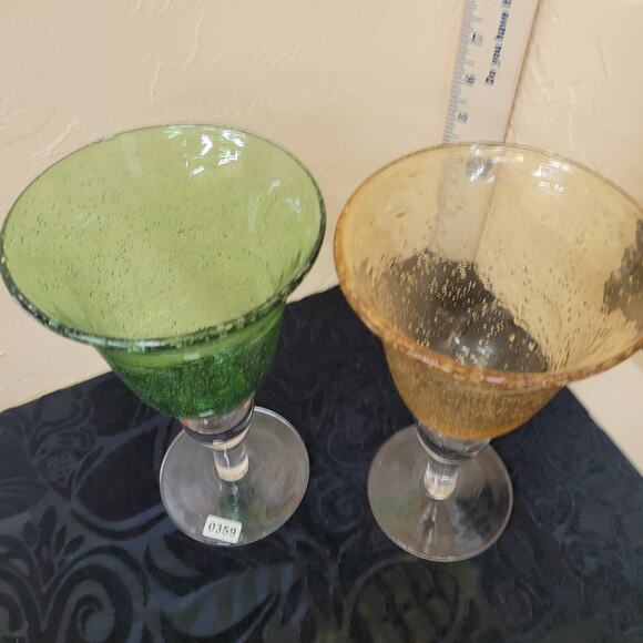 Two - Hand Blown Bubble Wine; Water Goblets. 1 Yellow; 1Green; 8" Tall - Picture 3 of 5